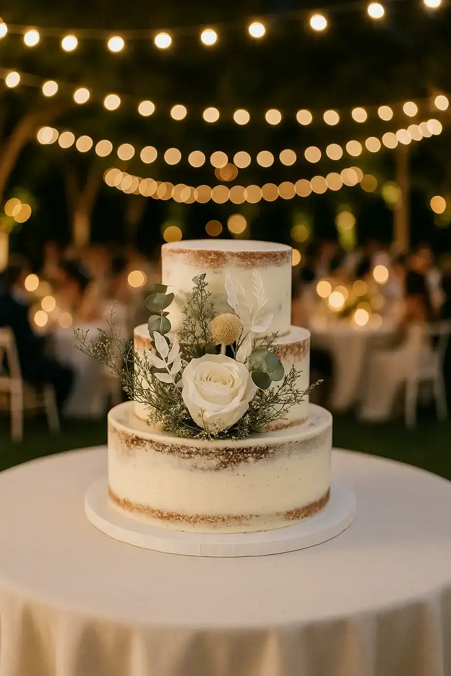 A three-tiered semi-naked wedding cake decorated with white roses and greenery sits on a round table, with string lights and blurred guests in the background at an outdoor evening event.